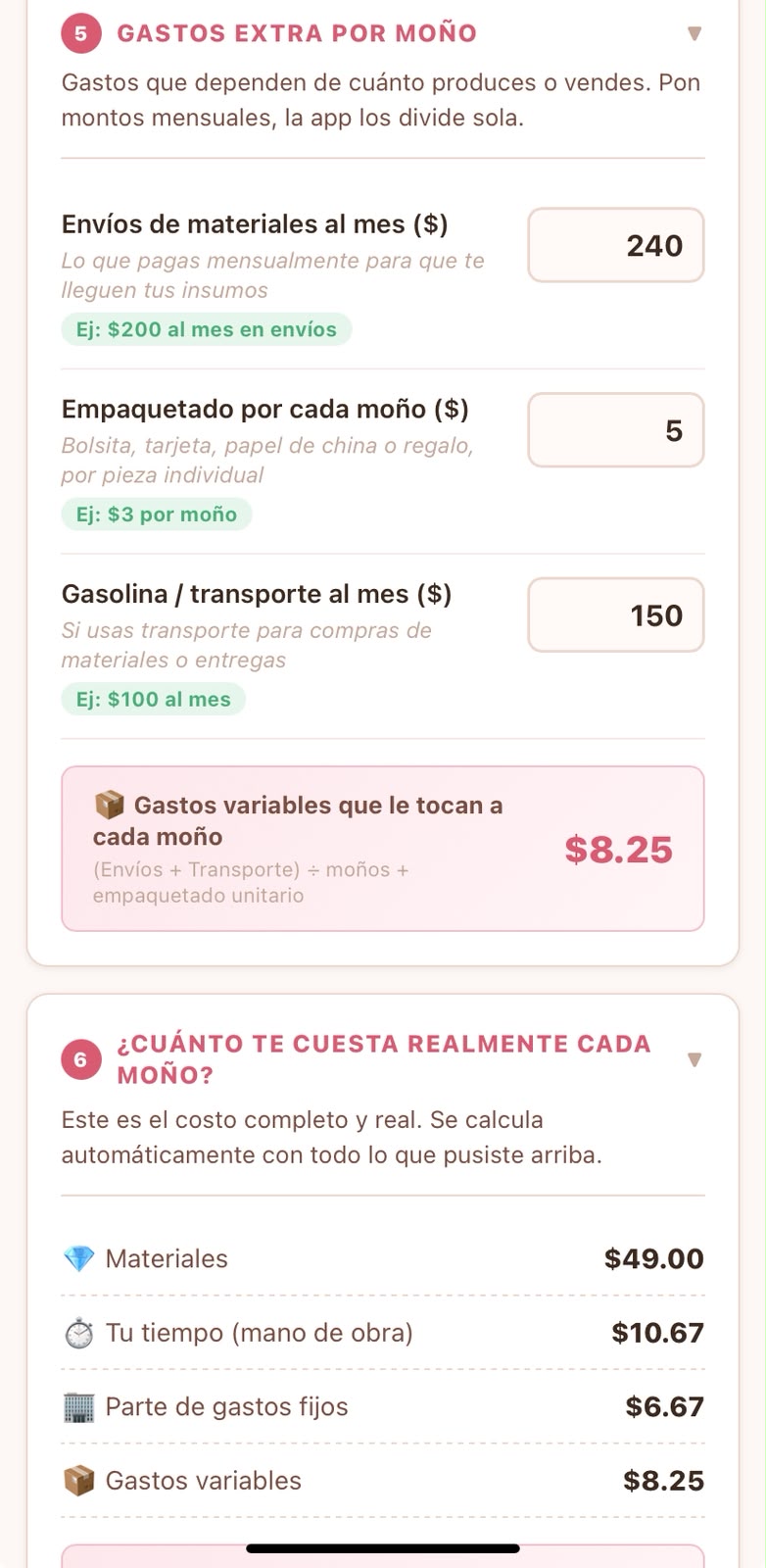 Pasos 5 y 6: gastos variables por moño y desglose del costo real