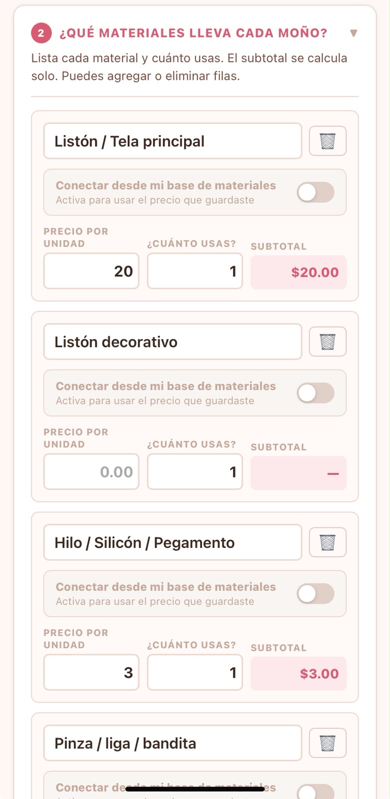 Paso 2: materiales de cada moño con precio por unidad y subtotal automático