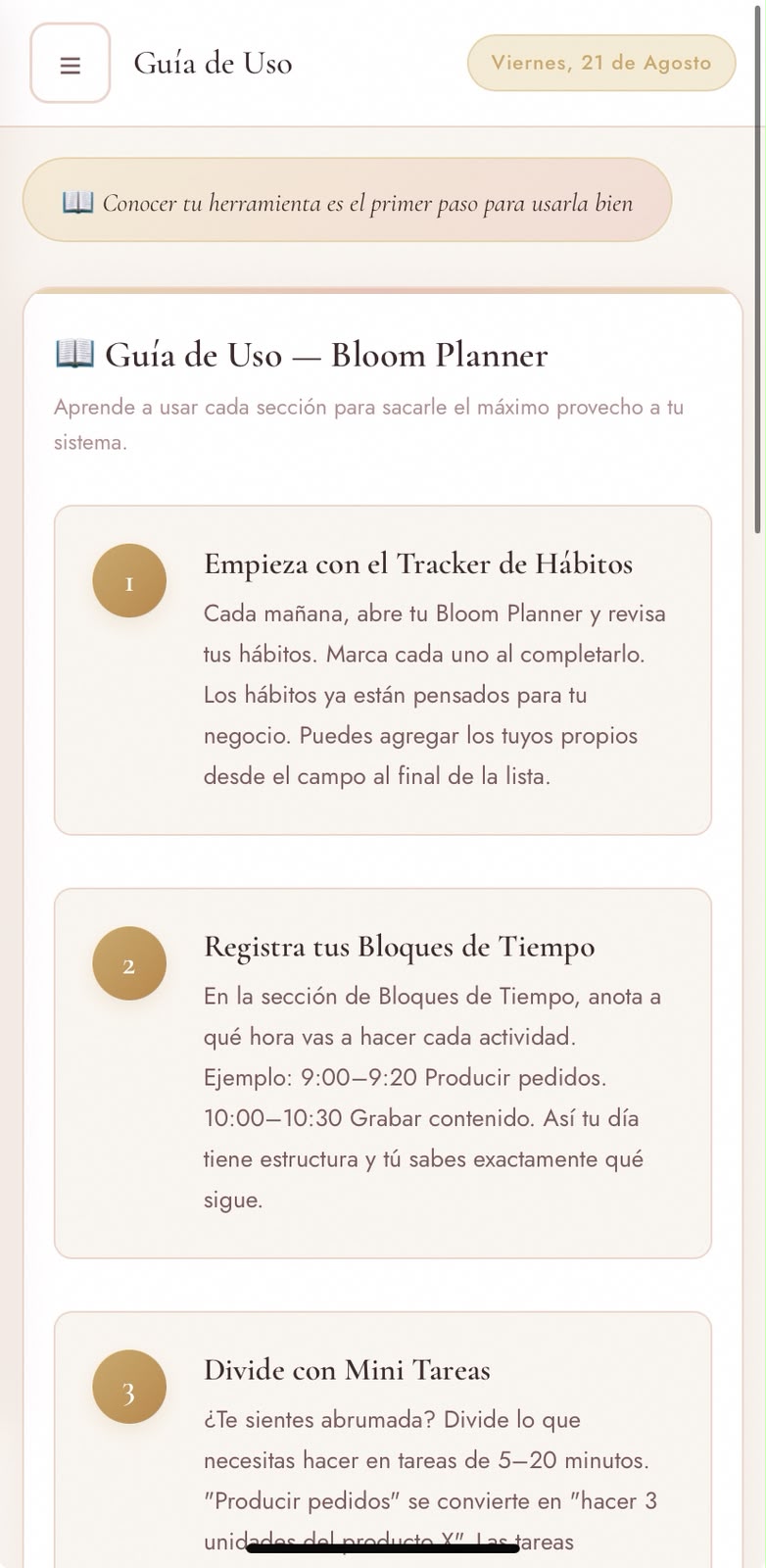 Guía de uso del Bloom Planner con los pasos para aprovechar cada sección