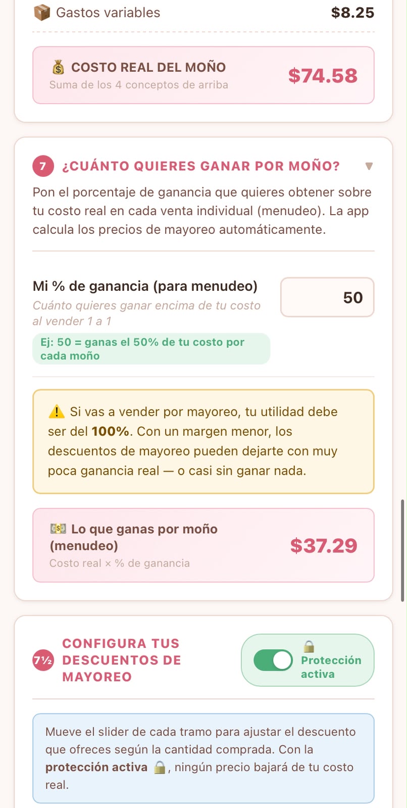 Paso 7: costo real del moño y porcentaje de ganancia de menudeo