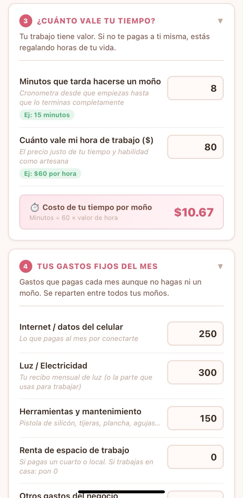 Pasos 3 y 4: valor de tu tiempo de trabajo y gastos fijos del mes
