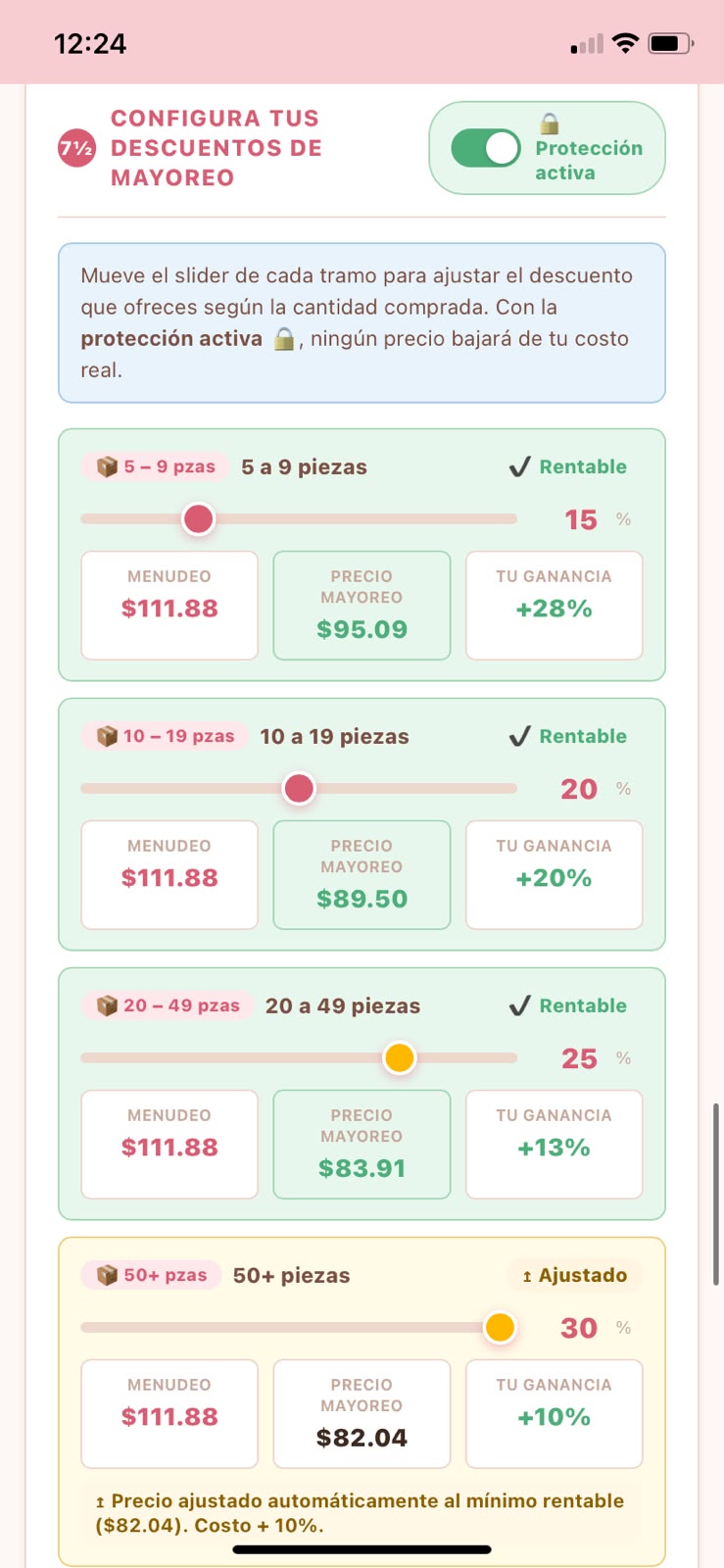 Tramos de mayoreo configurables con protección de precio mínimo activa