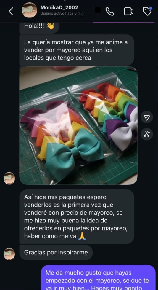 Captura del comentario de MonikaD_2002: Ya me animé a vender por mayoreo aquí en los locales que tengo cerca. Se me hizo muy buena idea ofrecerlos en paquetes por mayoreo. Gracias por inspirarme.
