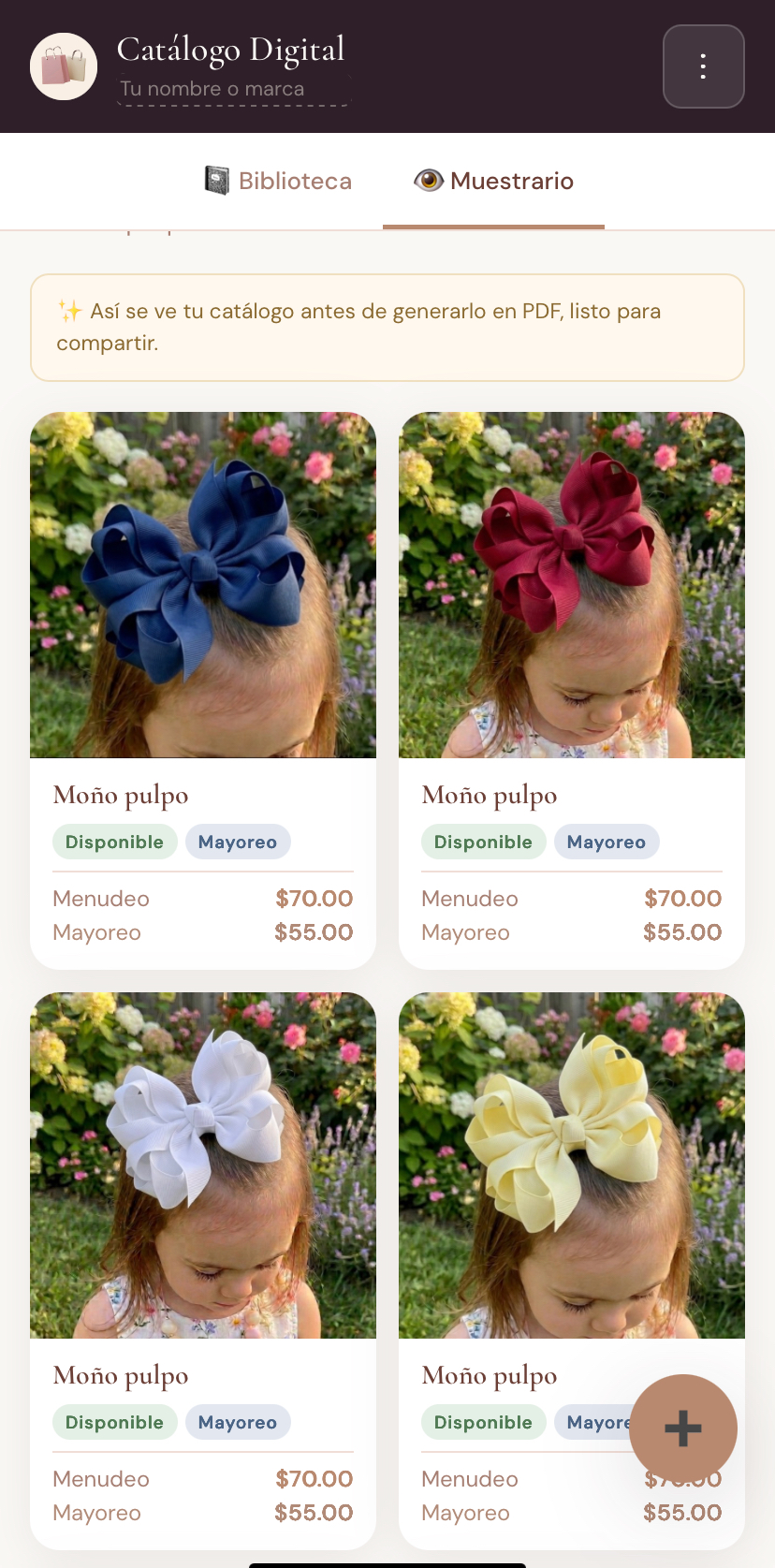 Muestrario con precios de menudeo y mayoreo por producto